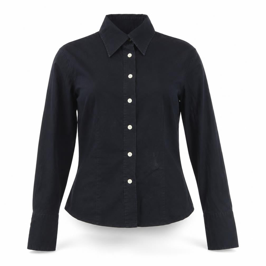Front view of United Colors of Benetton women’s black cotton stretch button-up shirt m