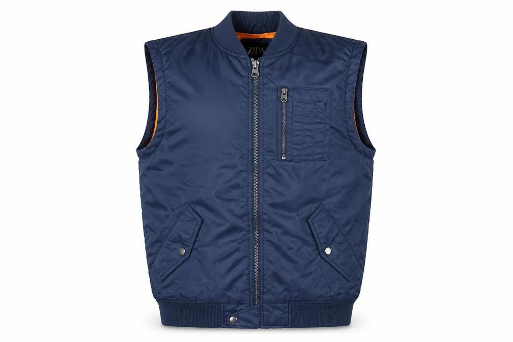 Front view of Zara Men Blue Bomber Style Padded Waistcoat, size M