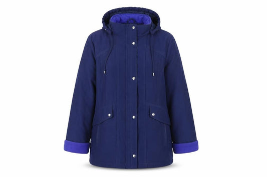 Front view of EWM Women’s Blue Hooded Parka Jacket, size UK 14, Water Resistant