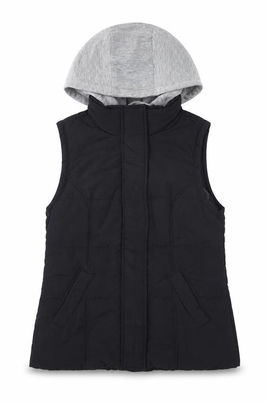 Front view of New Look girls’ black hooded puffer gilet waistcoat, size 8, polyester
