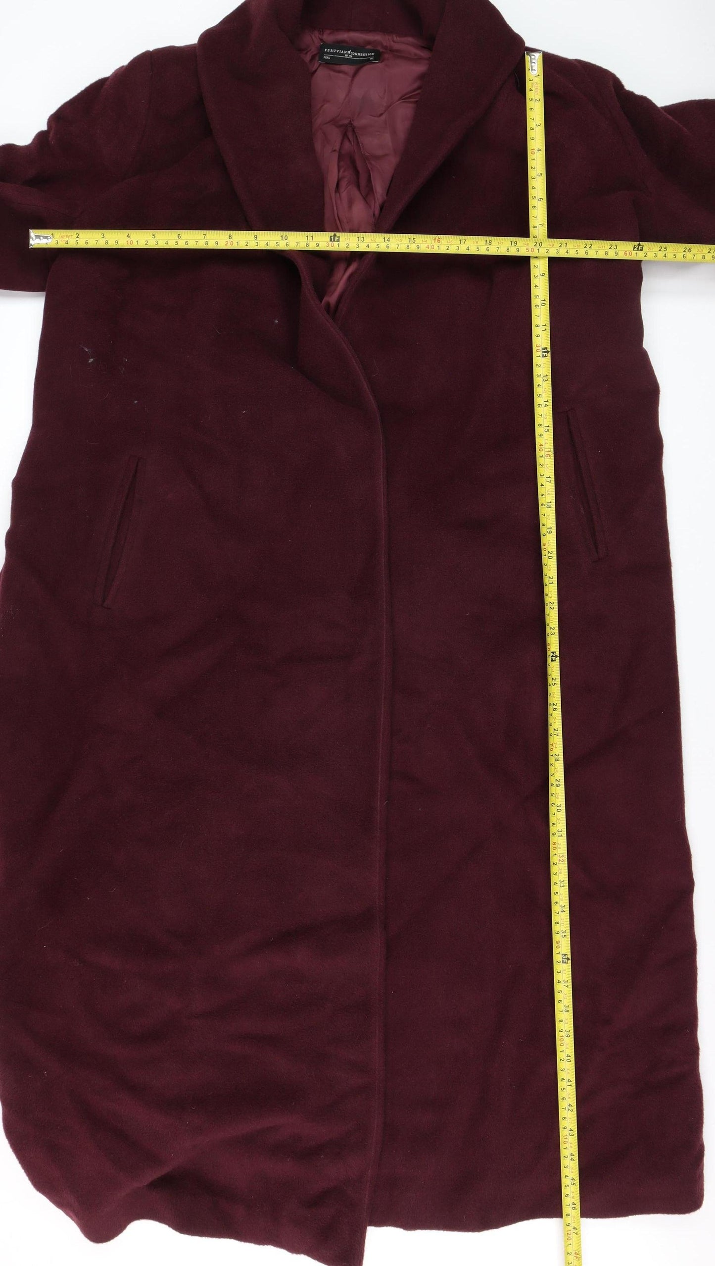Peruvian Connection Women's Burgundy Wool Long Coat XL Lined Classic Style
