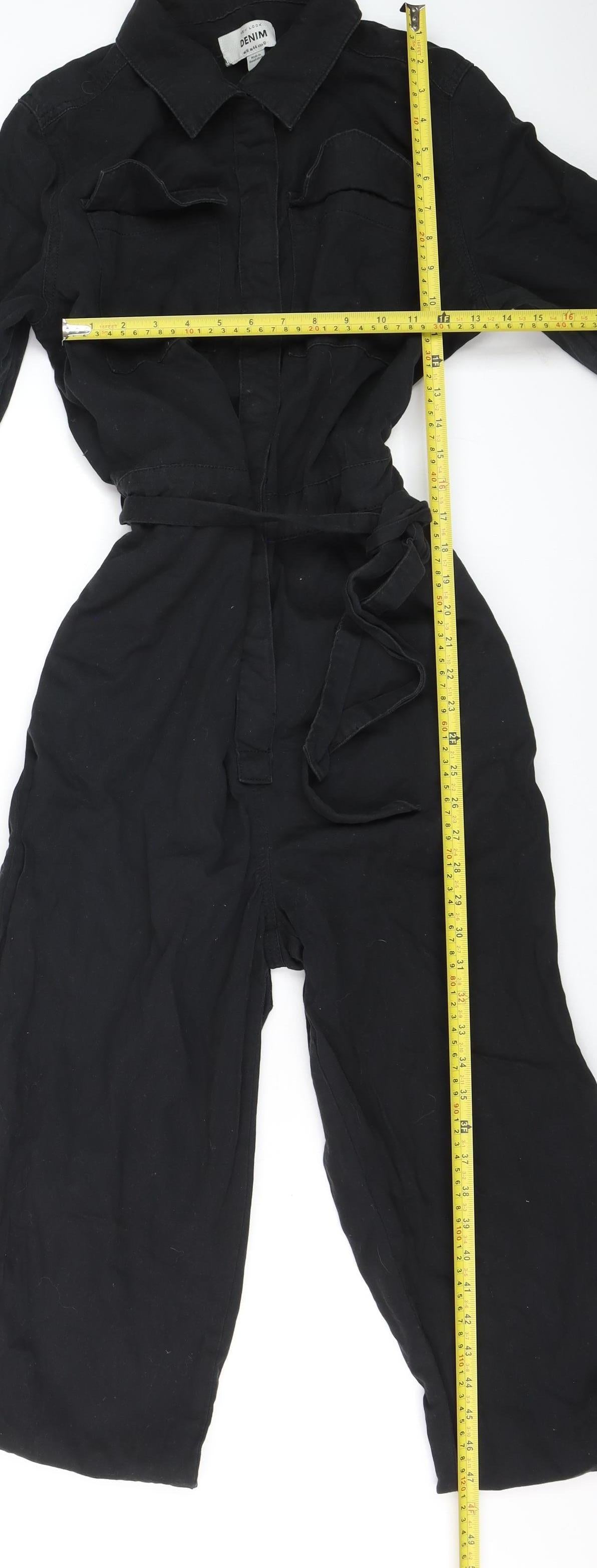 New Look Women Black Denim Long Sleeve Belted Jumpsuit Size 16
