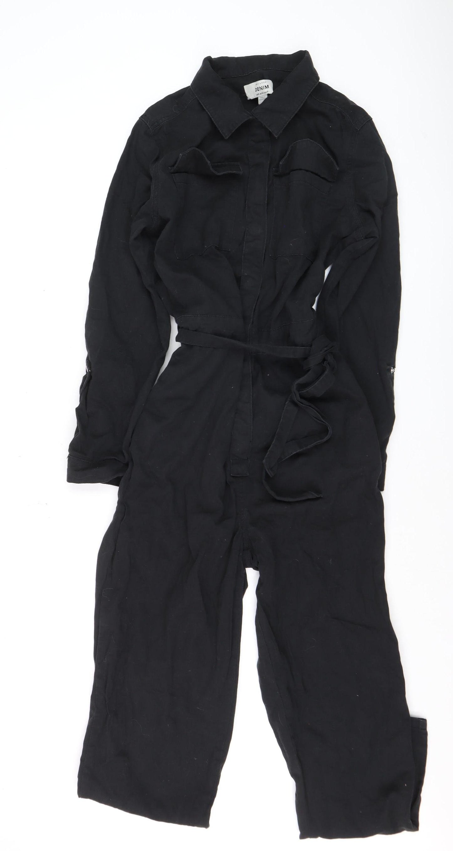 New Look Women Black Denim Long Sleeve Belted Jumpsuit Size 16