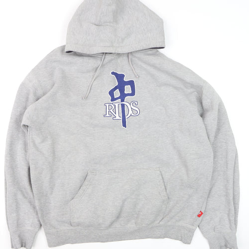 RDS Mens Grey Pullover Hoodie L Graphic Fleece Sweatshirt