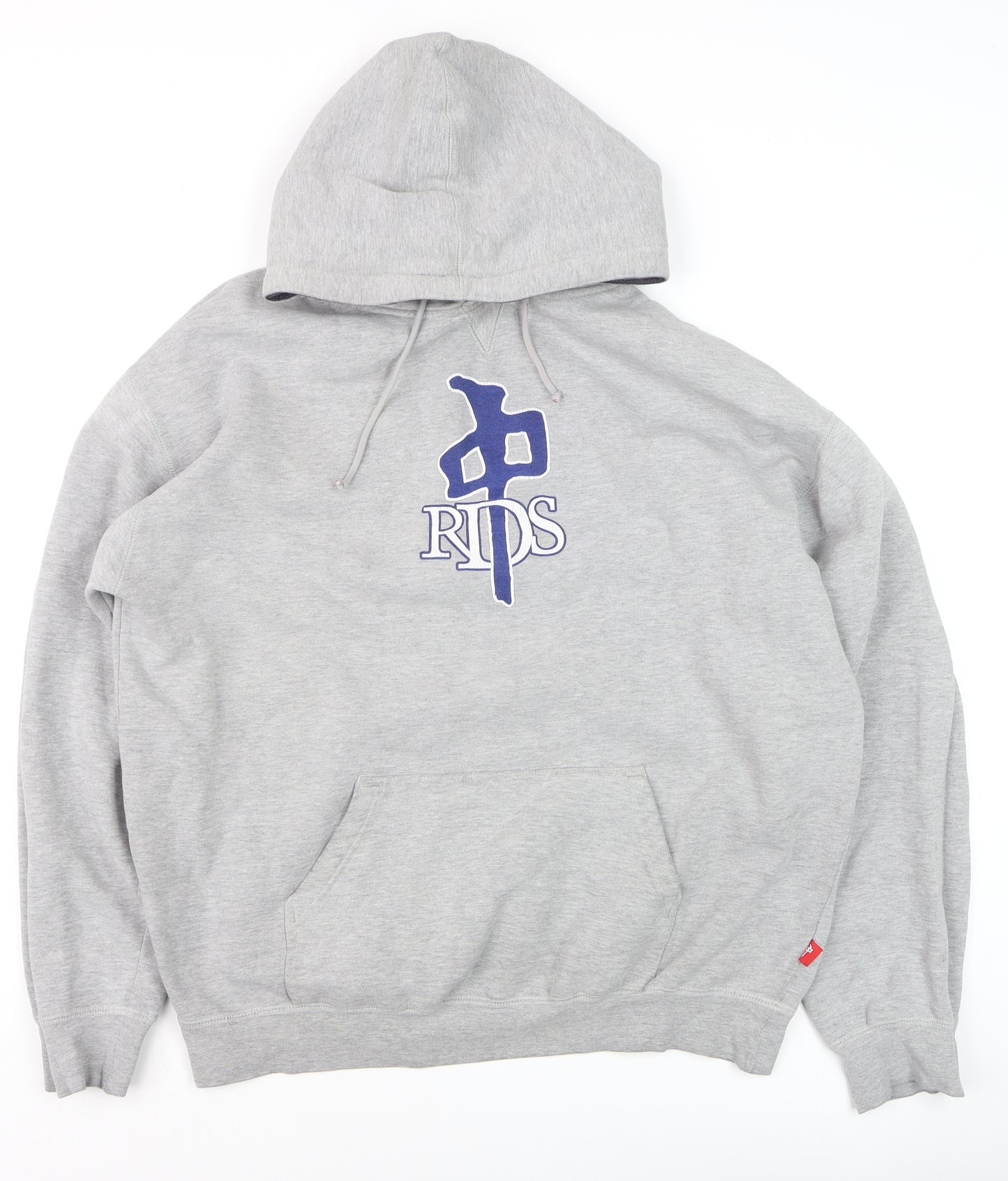 RDS Mens Grey Pullover Hoodie L Graphic Fleece Sweatshirt
