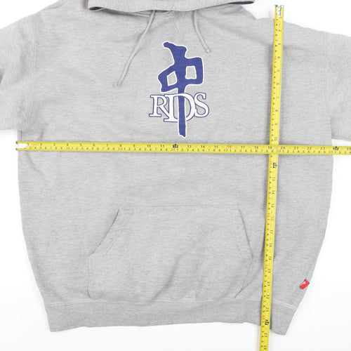 RDS Mens Grey Pullover Hoodie L Graphic Fleece Sweatshirt