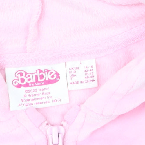 Barbie Women Pink L Velour Cropped Hooded Full Zip Track Jacket