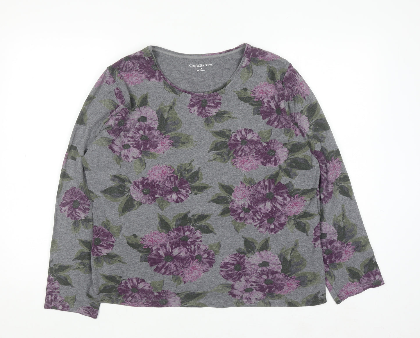 Croft & Barrow Women's Grey Floral Long Sleeve Jersey T-Shirt Size 18 Plus