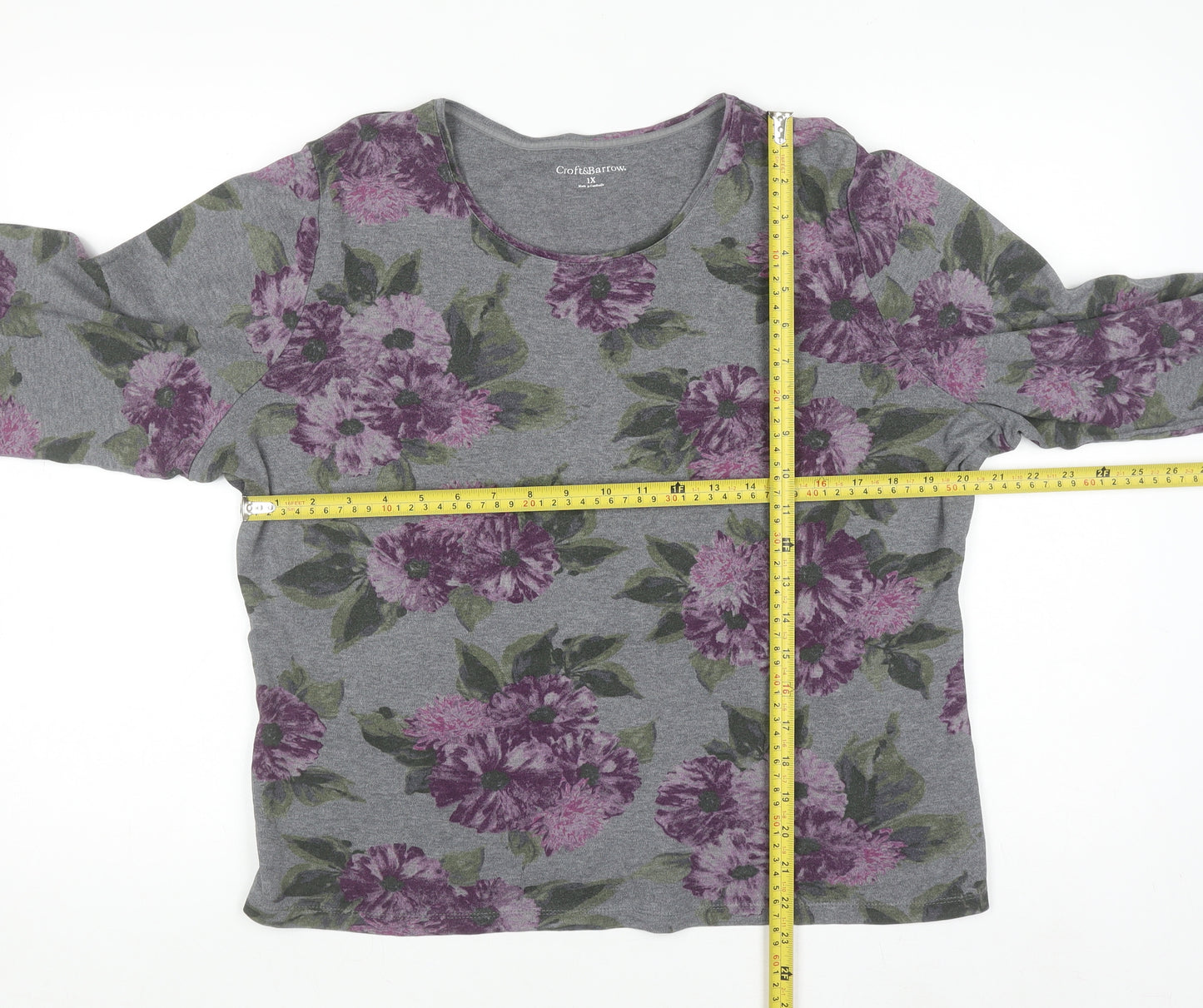 Croft & Barrow Women's Grey Floral Long Sleeve Jersey T-Shirt Size 18 Plus