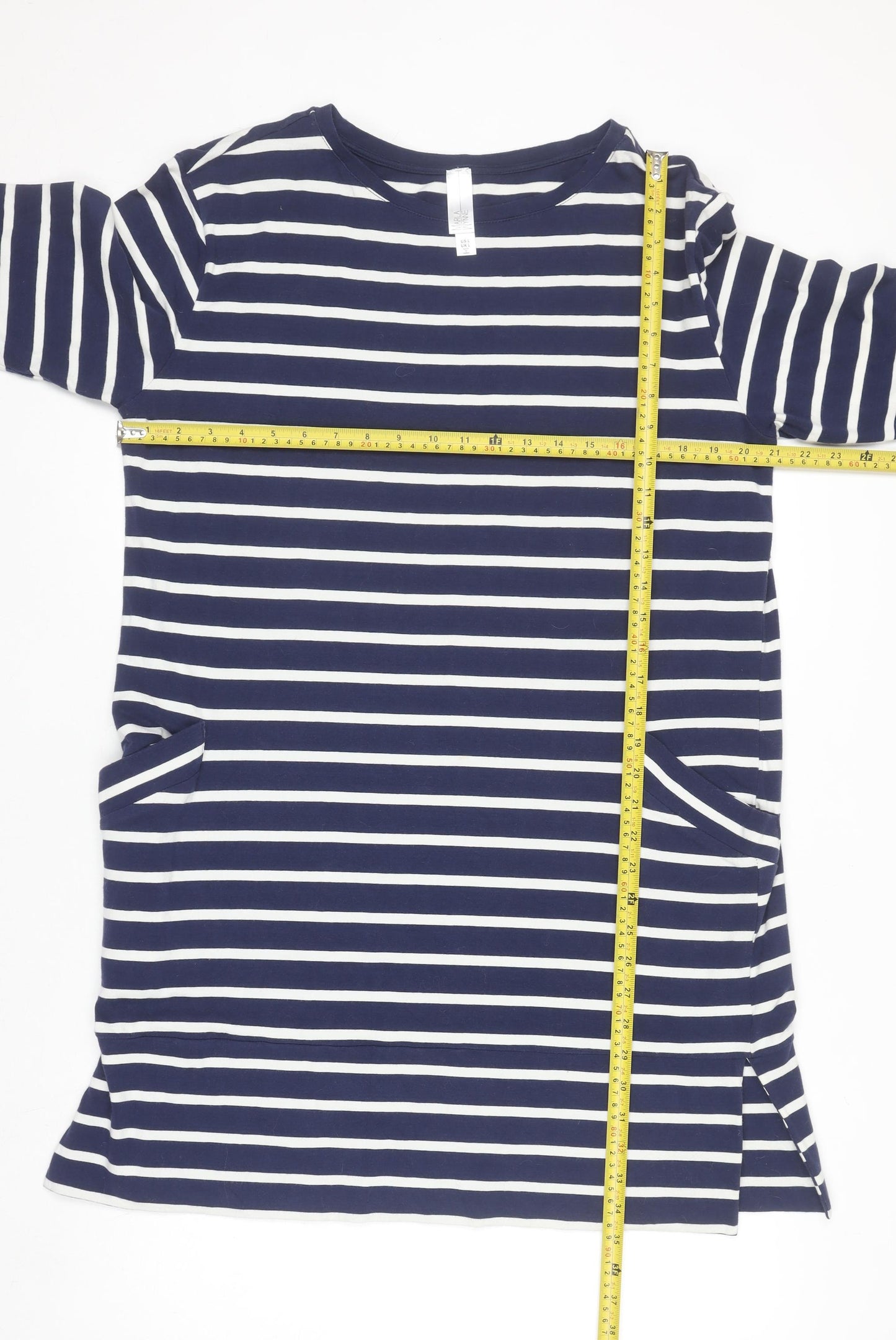 Marla Wynne Women Blue Striped T-Shirt Dress L 3/4 Sleeve Casual