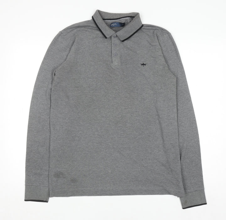 Easy Men’s Grey Long Sleeve Polo Shirt Size L Cotton Blend