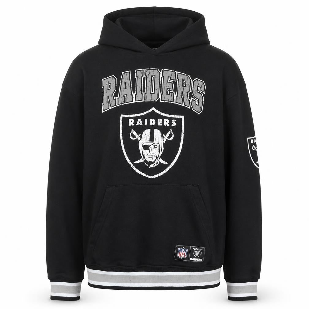 Front view of Primark Men’s Black Raiders Pullover Hoodie, size M, NFL Graphic Fleece