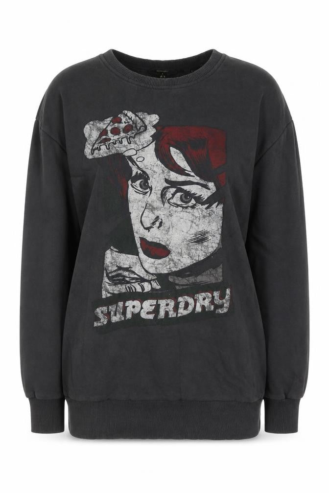 Front view of Superdry women’s black graphic pullover sweatshirt uk 10