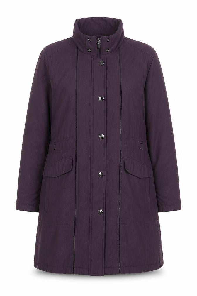 Front view of Klass women’s purple long overcoat xl polyester lined jacket