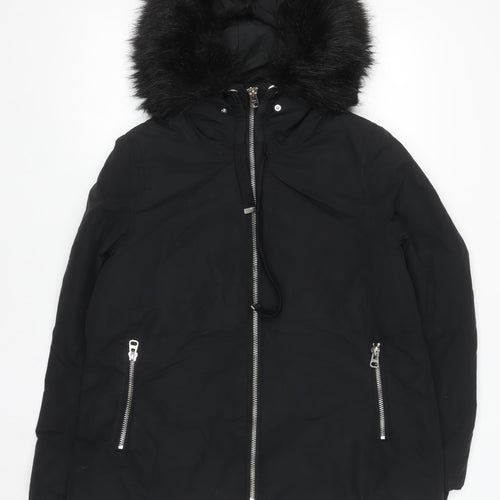 Zara Women Black Mid-Length Puffer Jacket with Faux Fur Hood Size 12