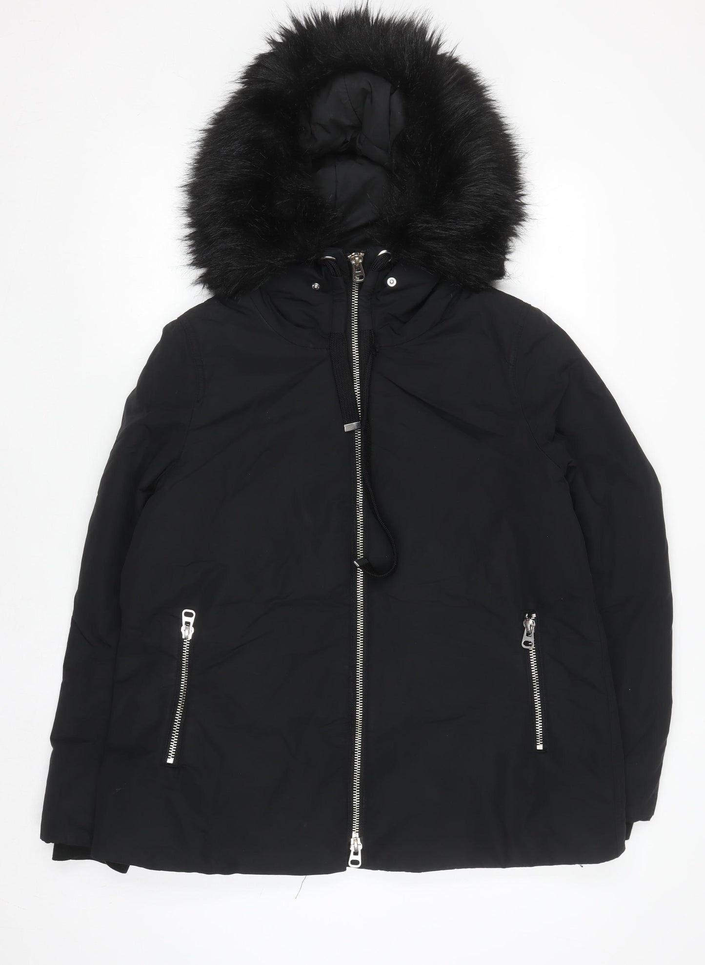 Zara Women Black Mid-Length Puffer Jacket with Faux Fur Hood Size 12