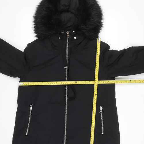 Zara Women Black Mid-Length Puffer Jacket with Faux Fur Hood Size 12