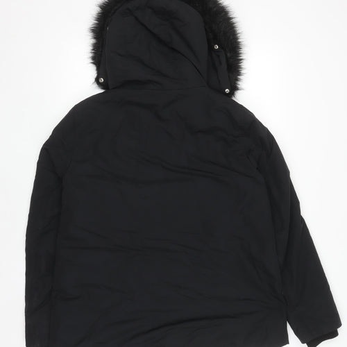 Zara Women Black Mid-Length Puffer Jacket with Faux Fur Hood Size 12