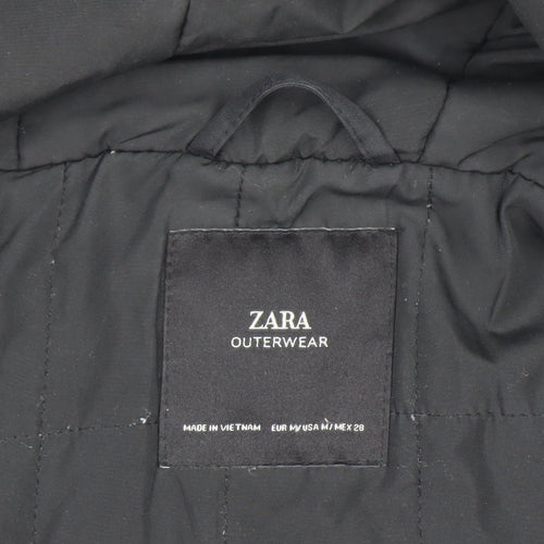 Zara Women Black Mid-Length Puffer Jacket with Faux Fur Hood Size 12