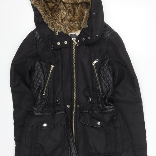 Zara Women Black Faux Fur Lined Hooded Parka Jacket Size 12