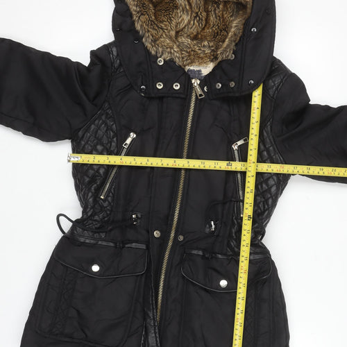 Zara Women Black Faux Fur Lined Hooded Parka Jacket Size 12
