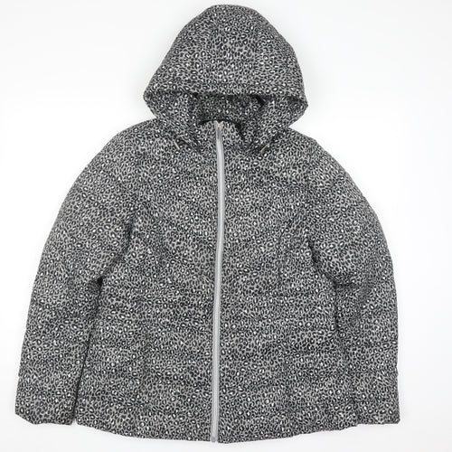 F&F Women Grey Animal Print Hooded Puffer Jacket Size 14