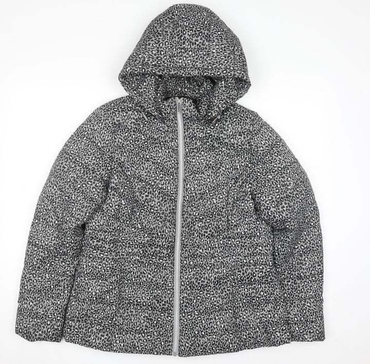 F&F Women Grey Animal Print Hooded Puffer Jacket Size 14