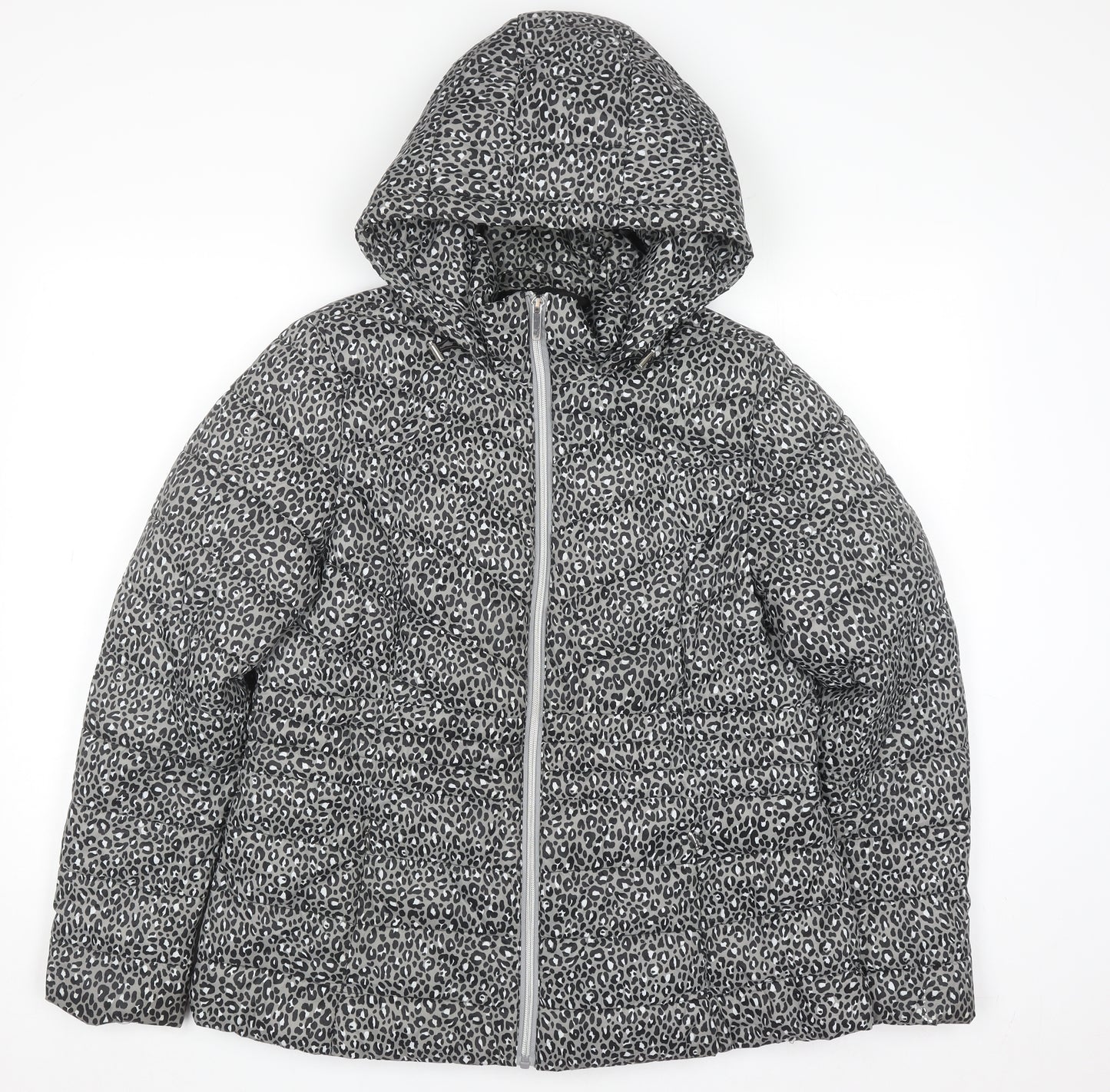 F&F Women Grey Animal Print Hooded Puffer Jacket Size 14