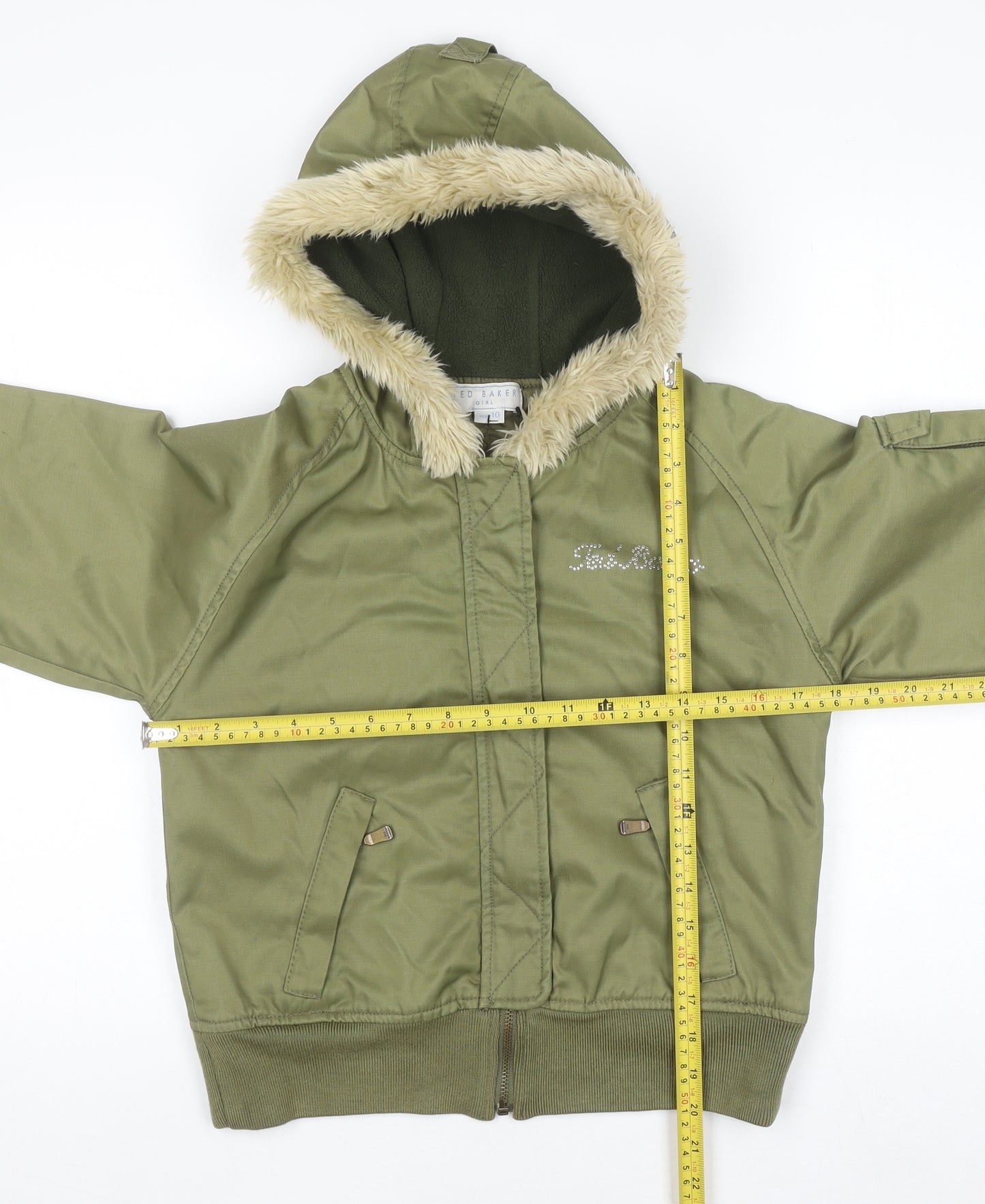 Ted Baker Girls Green Hooded Fur Trim Bomber Jacket Age 10 Winter Coat