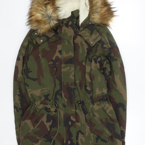 ONLY Women’s Green Camouflage Long Parka Jacket with Faux Fur Hood S