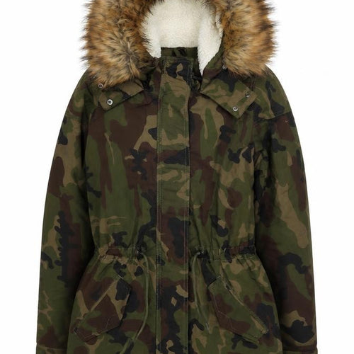 ONLY Women’s Green Camouflage Long Parka Jacket with Faux Fur Hood S