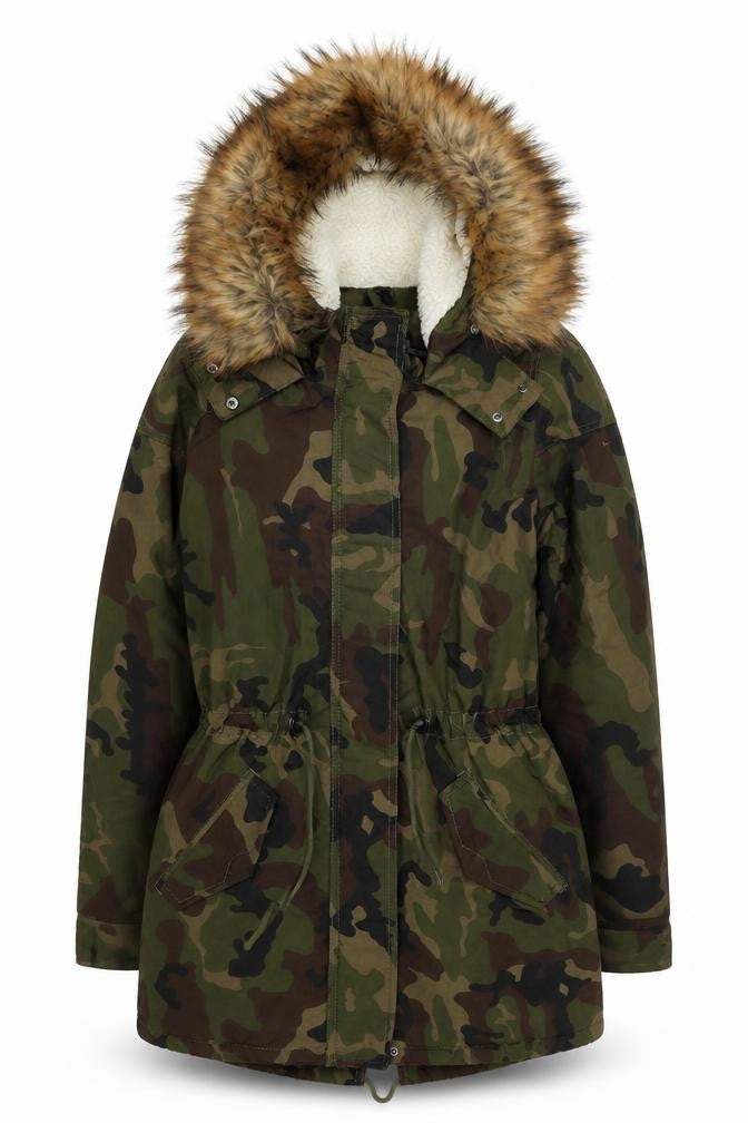 ONLY Women’s Green Camouflage Long Parka Jacket with Faux Fur Hood S