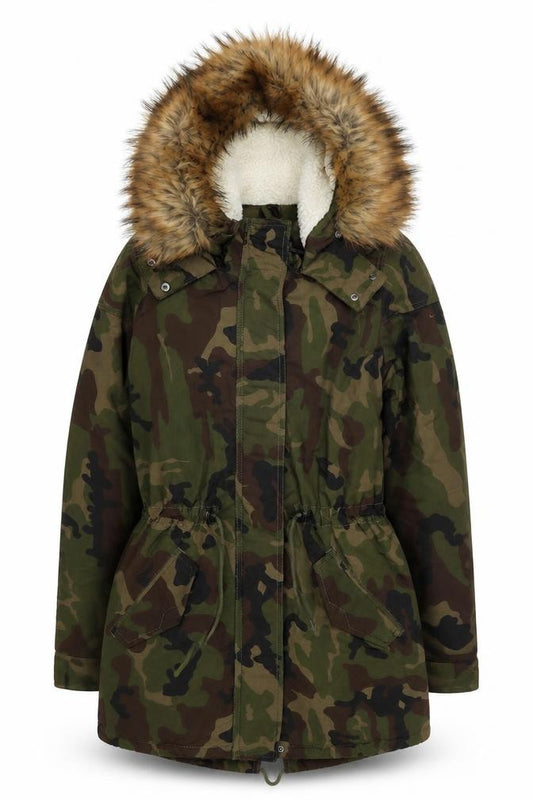 Front view of Only Women’s Green Camouflage Long Parka Jacket with Faux Fur Hood S