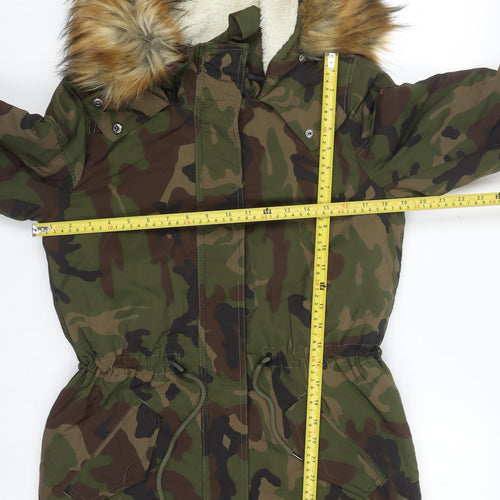 ONLY Women’s Green Camouflage Long Parka Jacket with Faux Fur Hood S