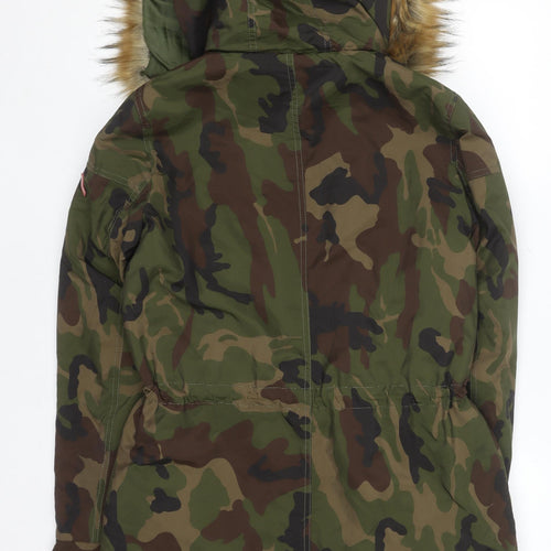ONLY Women’s Green Camouflage Long Parka Jacket with Faux Fur Hood S