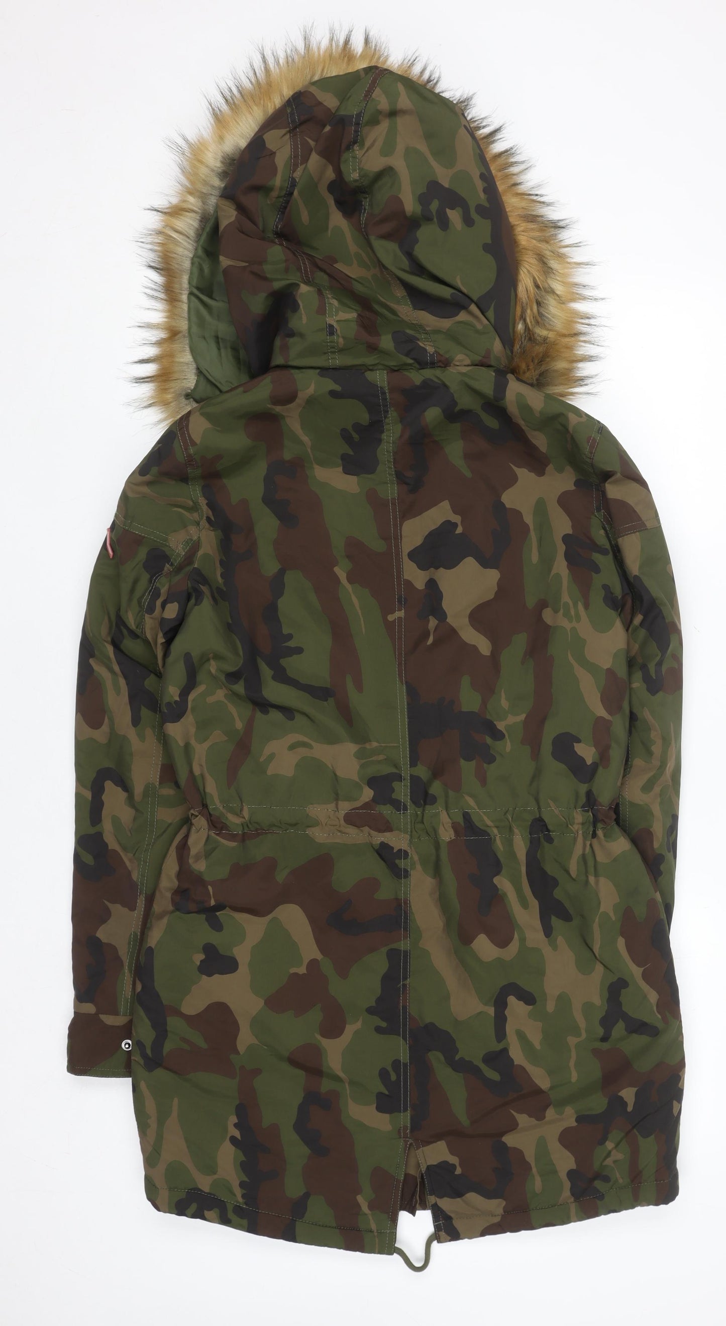 ONLY Women’s Green Camouflage Long Parka Jacket with Faux Fur Hood S