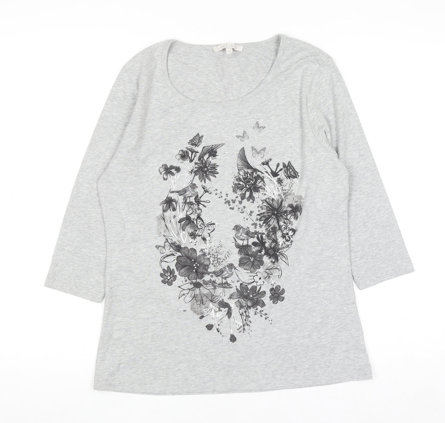 Lakeland Women's Grey Floral 3/4 Sleeve Scoop Neck T-Shirt Size 12