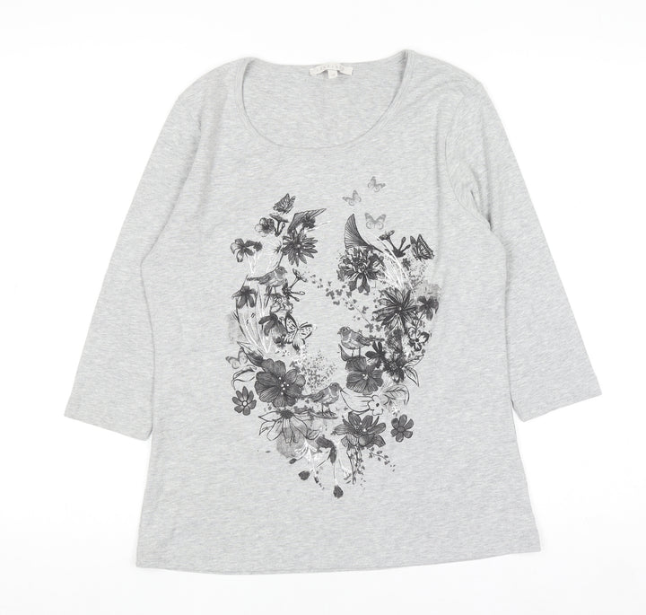 Lakeland Women's Grey Floral 3/4 Sleeve Scoop Neck T-Shirt Size 12