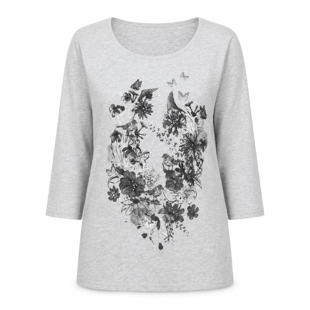 Lakeland Women's Grey Floral 3/4 Sleeve Scoop Neck T-Shirt Size 12