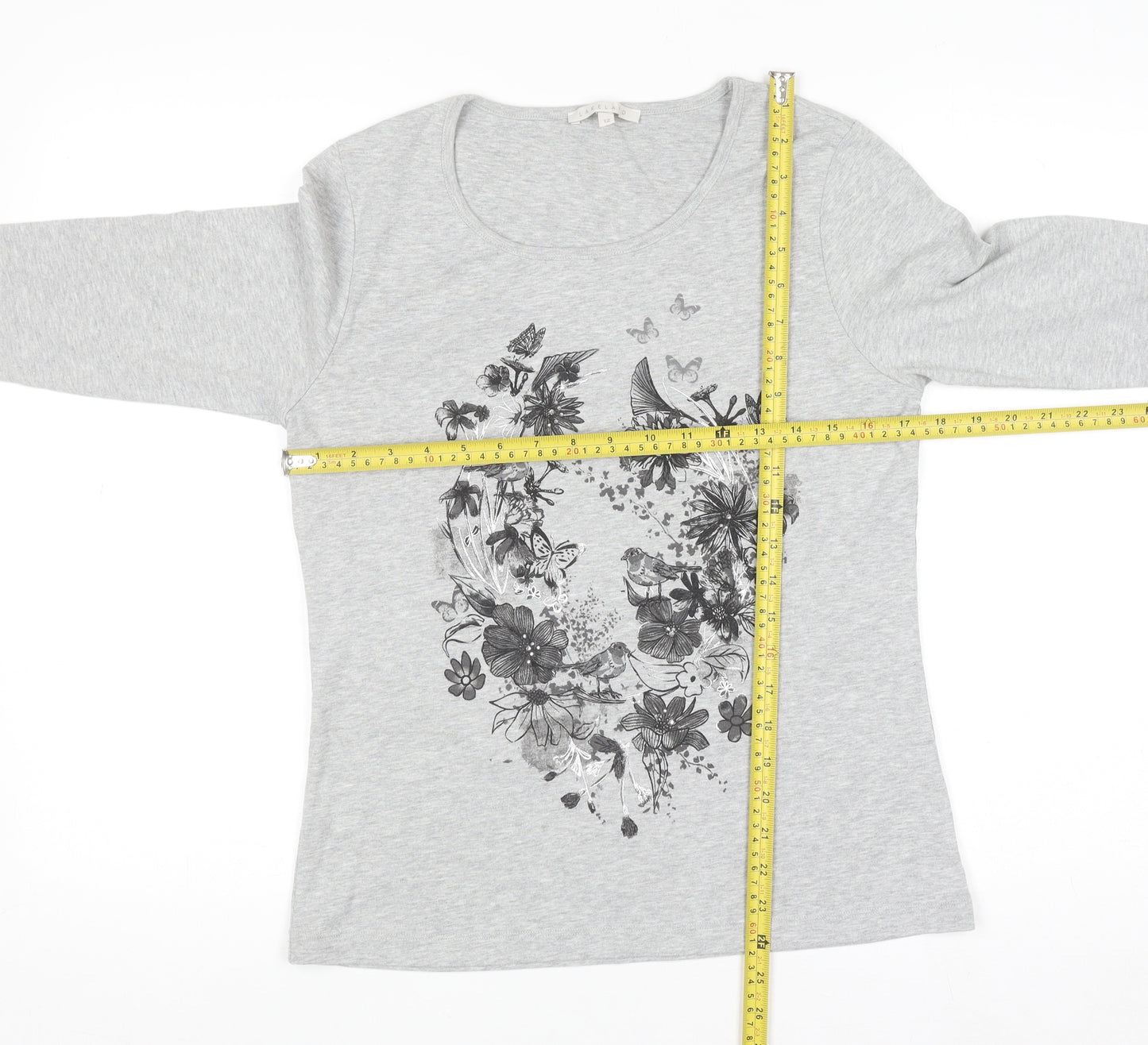 Lakeland Women's Grey Floral 3/4 Sleeve Scoop Neck T-Shirt Size 12