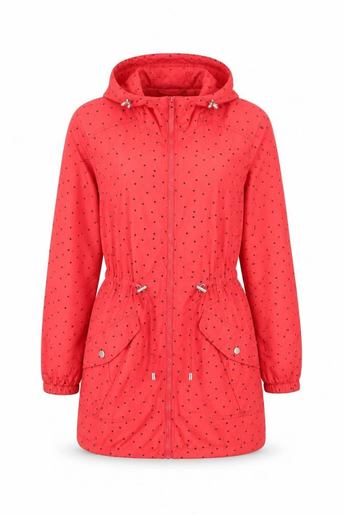 Front view of Papaya Weekend women’s red polka dot hooded anorak jacket, size UK 10