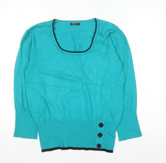 Roman Women’s Blue Scoop Neck 3/4 Sleeve Button Detail Jumper Size 14
