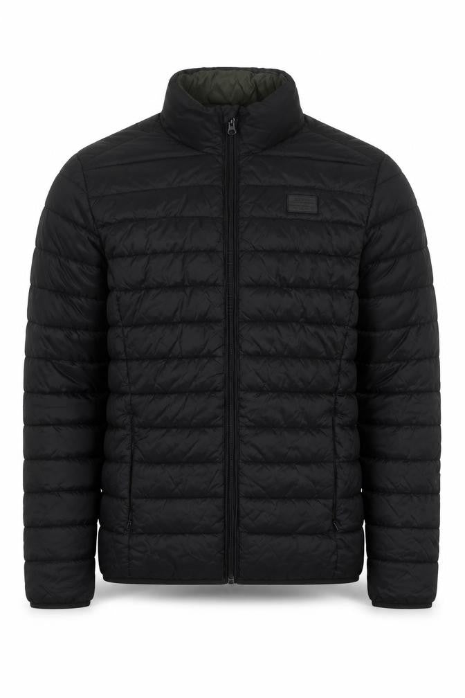Front view of Blend Men's Black Puffer Jacket, size S, Quilted Lightweight Water Resistant Coat