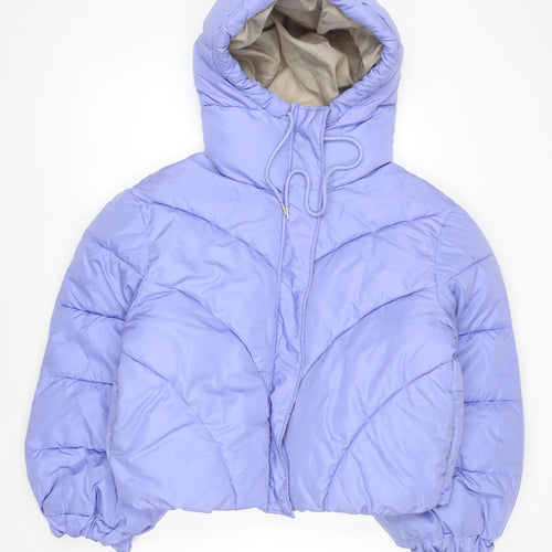 JDY Women's Purple Cropped Puffer Jacket XL Hooded Lined Zip Winter