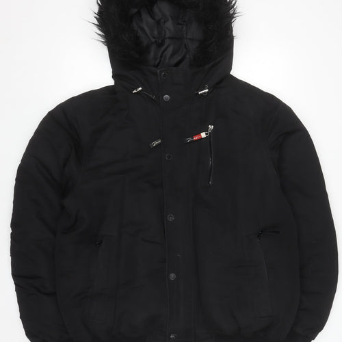 River Island Men's Black L Hooded Puffer Jacket Faux Fur Winter Coat