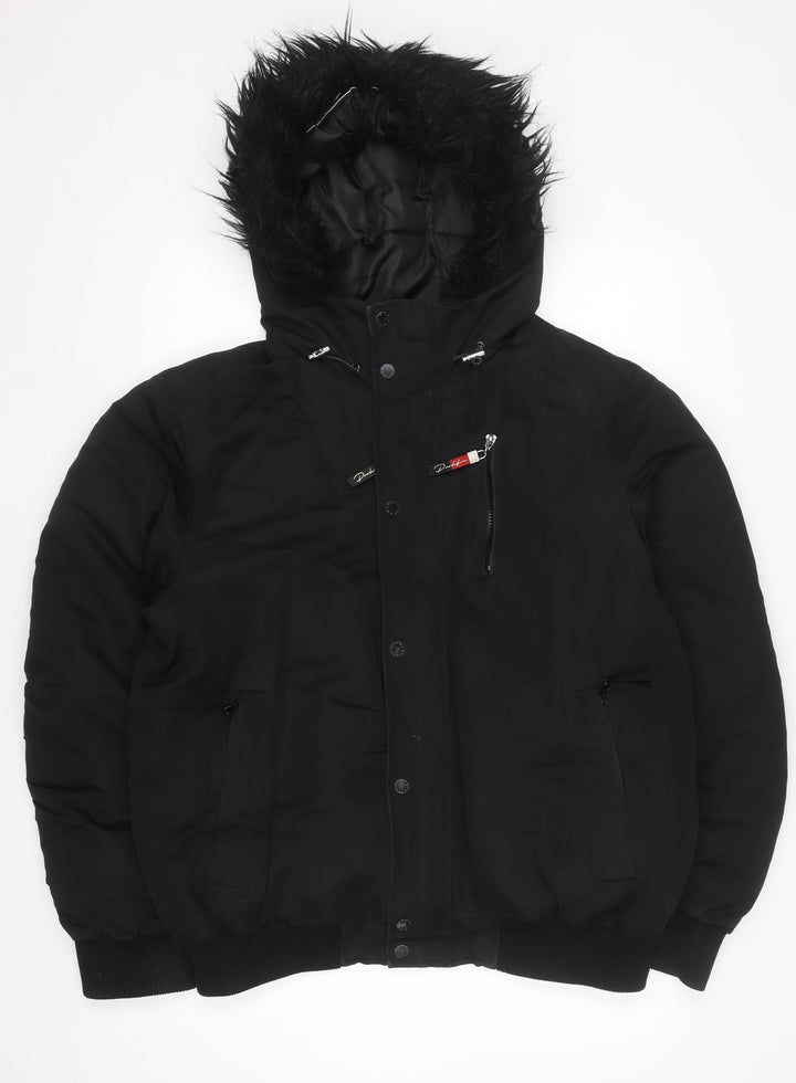 River Island Men's Black L Hooded Puffer Jacket Faux Fur Winter Coat