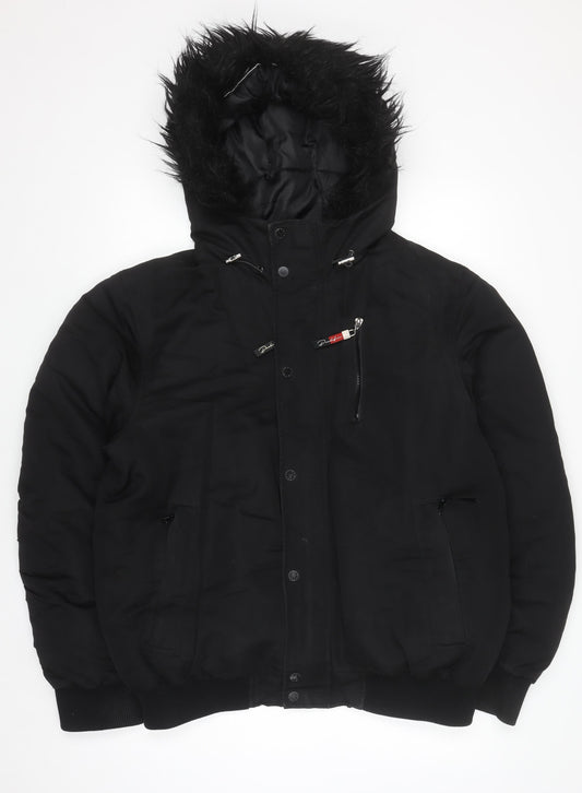 River Island Men's Black L Hooded Puffer Jacket Faux Fur Winter Coat