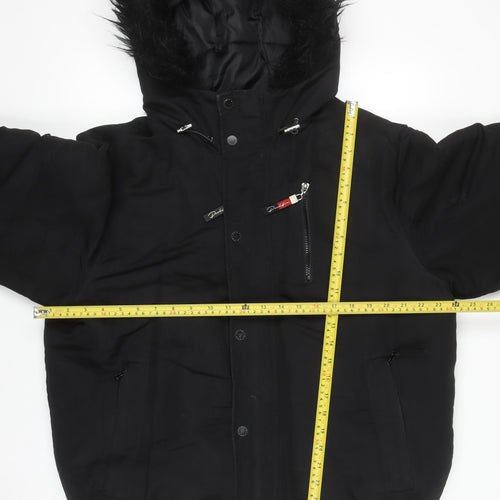 River Island Men's Black L Hooded Puffer Jacket Faux Fur Winter Coat