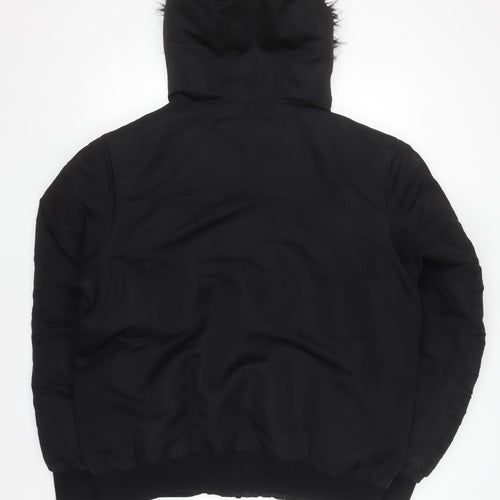 River Island Men's Black L Hooded Puffer Jacket Faux Fur Winter Coat