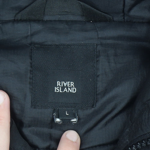River Island Men's Black L Hooded Puffer Jacket Faux Fur Winter Coat